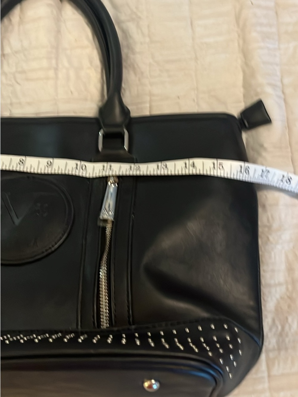 Alessandro Versace Black Leather Studded Tote with Embossed Medallion - Picture 6 of 8